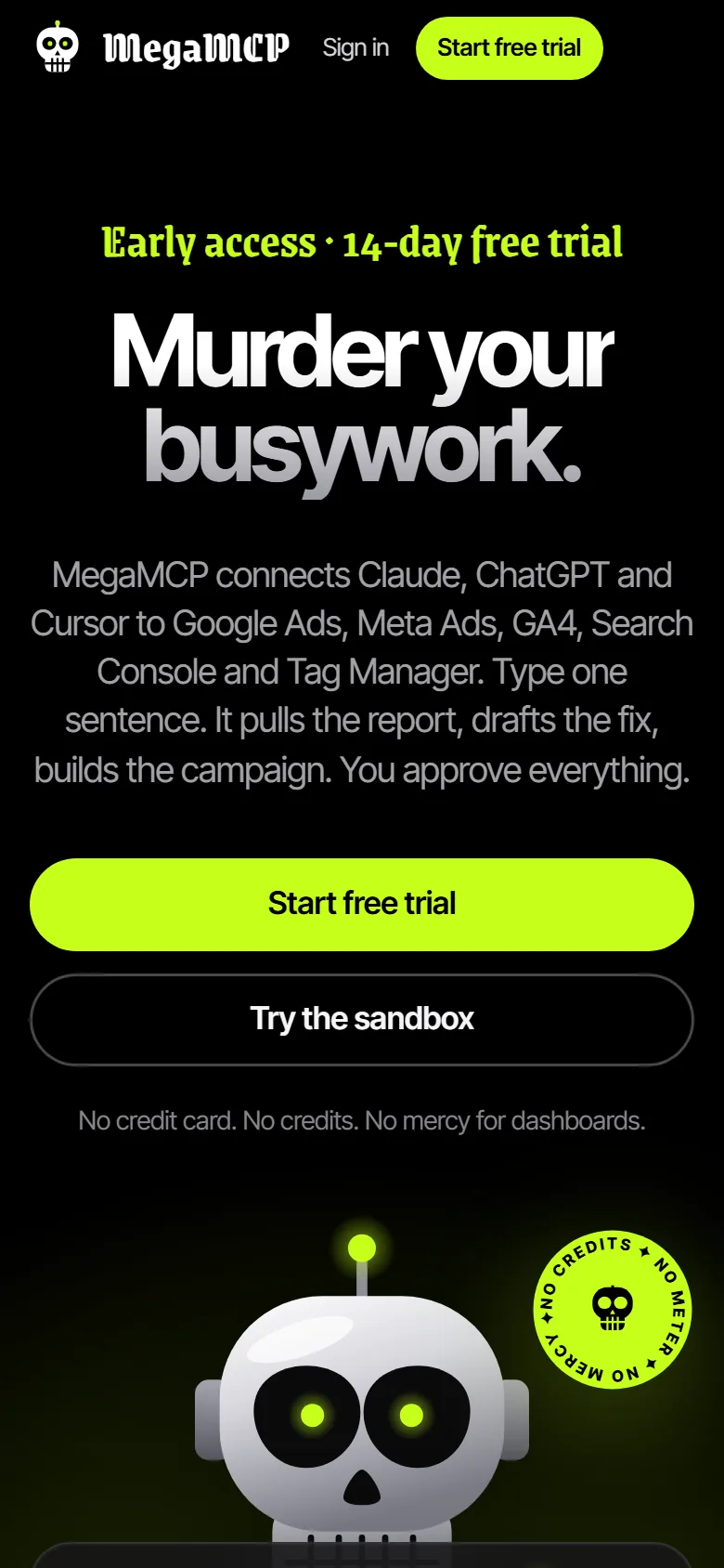 The MegaMCP homepage on a phone.